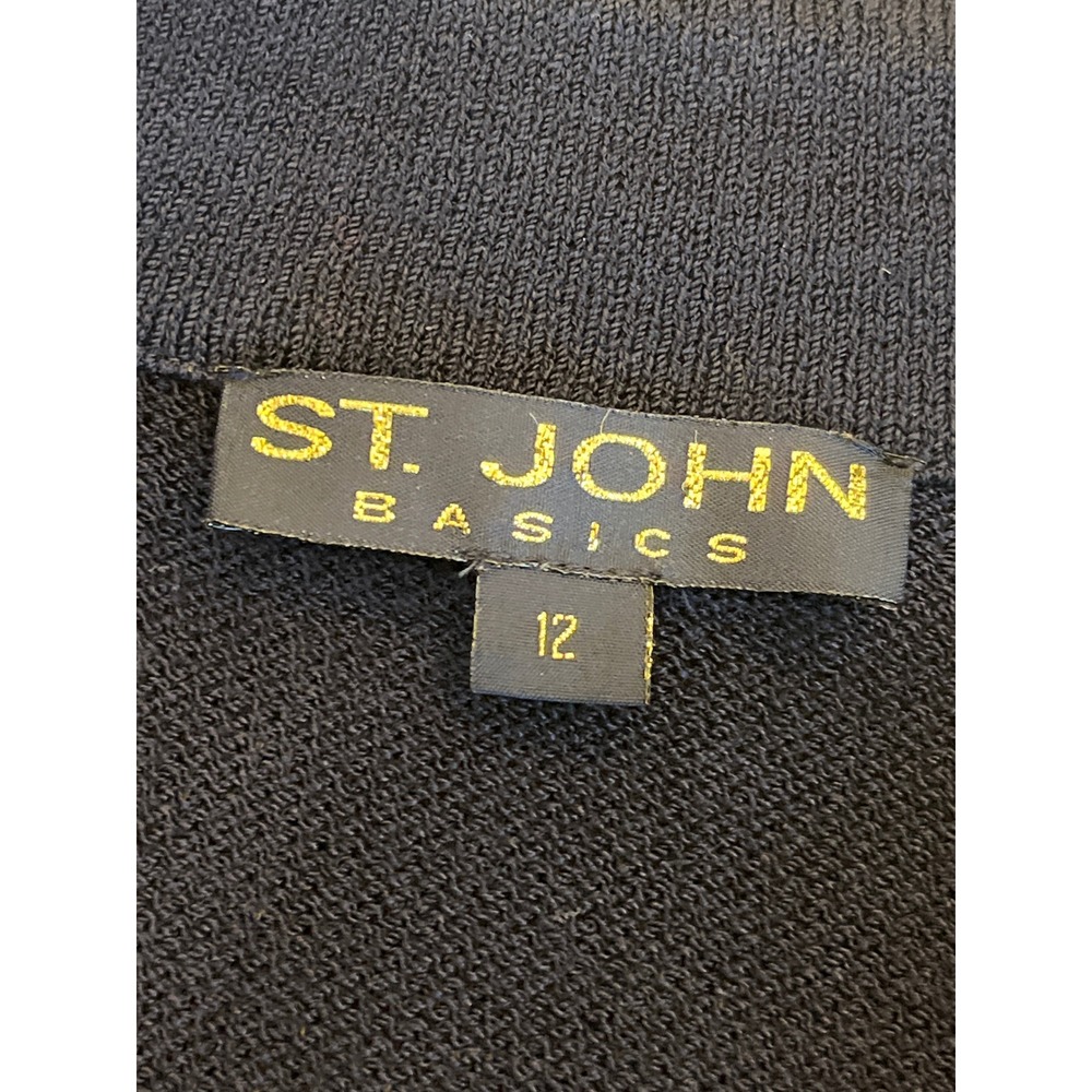 St. John Basics Navy Blue Santana Knit Blazer Gold Crest Button Jacket Size 12